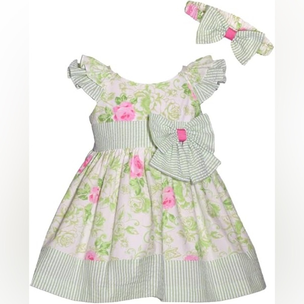 NWT 3PC Bonnie Jean Girls 18M Green Flutter Sleeve Floral Dress